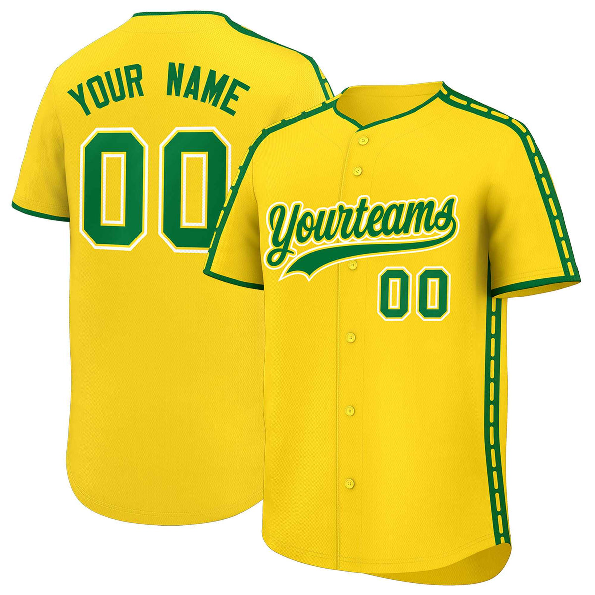 Custom Gold Kelly Green Color Block Personalized Side Dotted Line Authentic Baseball Jersey| KXKSHOP