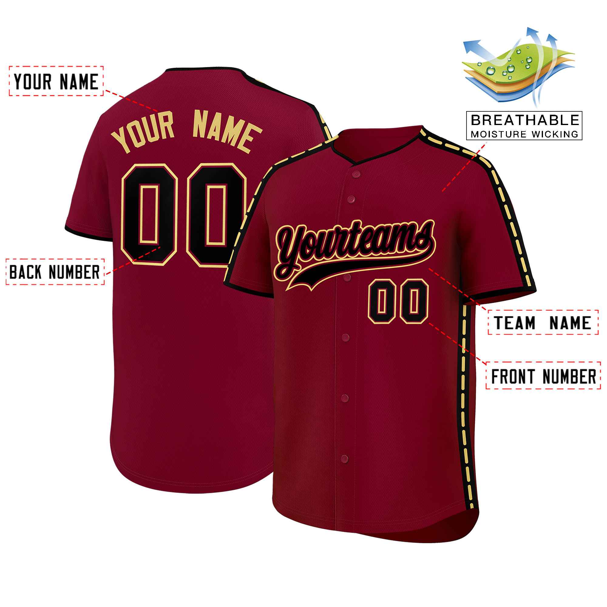 Custom Crimson Black Color Block Personalized Side Dotted Line Authentic Baseball Jersey| KXKSHOP