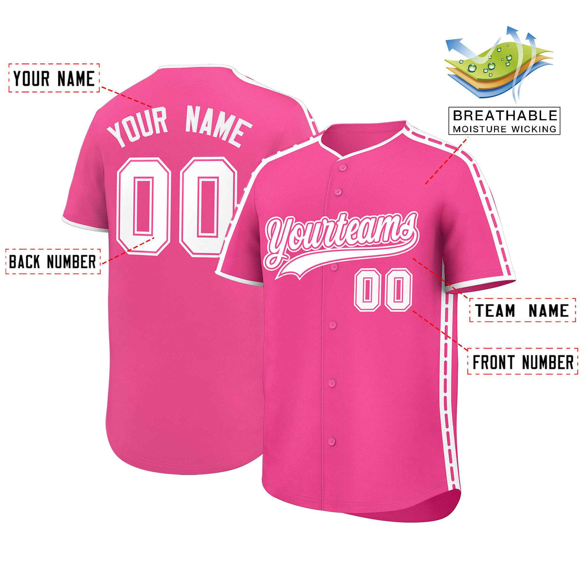 Custom Pink White Color Block Personalized Side Dotted Line Authentic Baseball Jersey| KXKSHOP