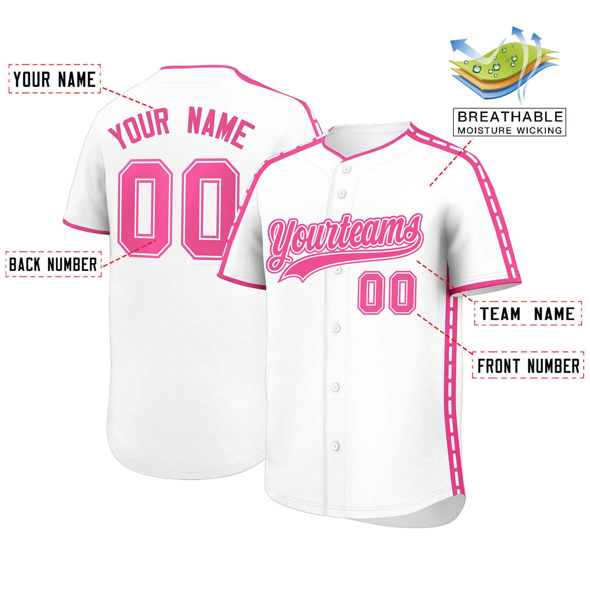 Custom White Pink Color Block Personalized Side Dotted Line Authentic Baseball Jersey| KXKSHOP