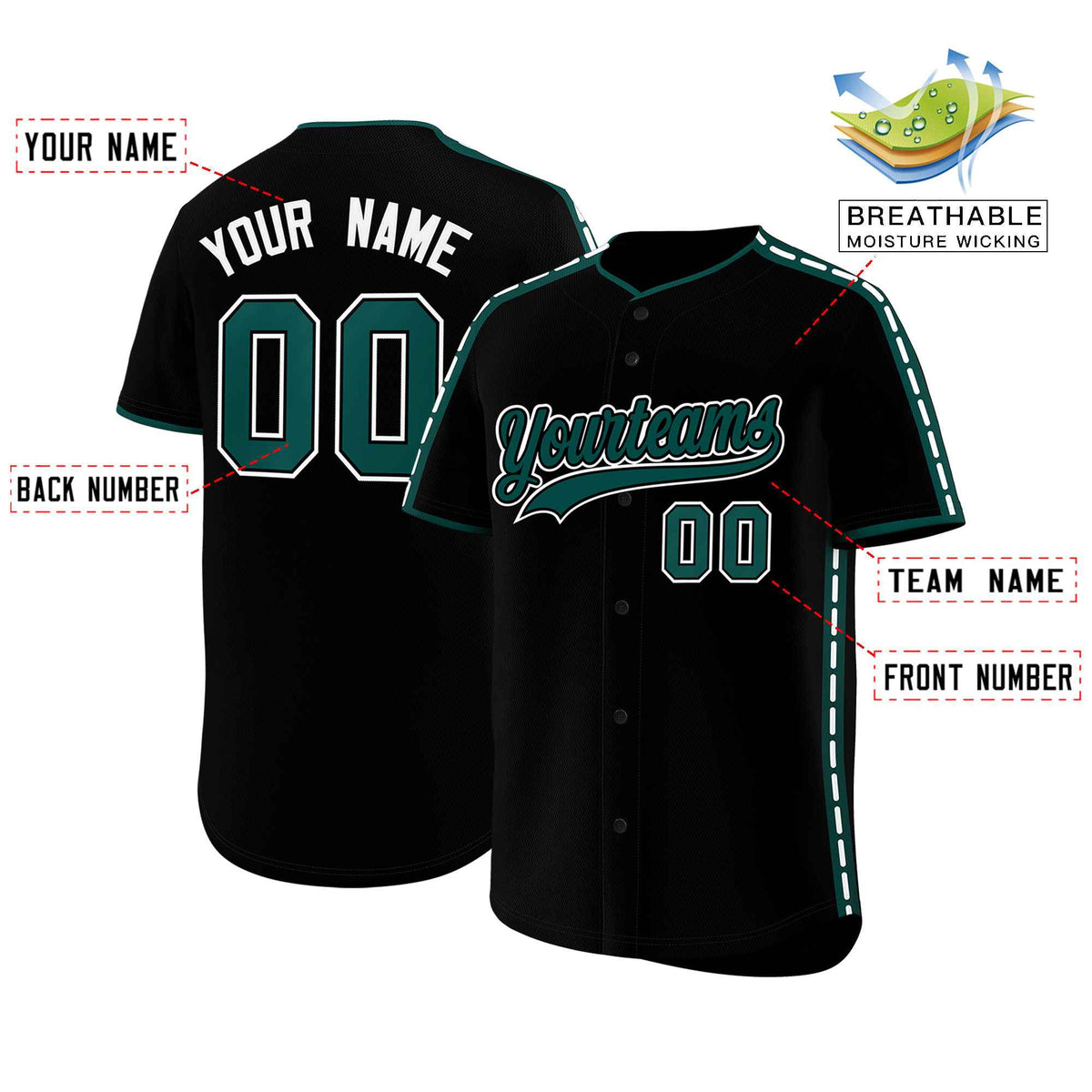 Custom Black Midnight Green Color Block Personalized Side Dotted Line Authentic Baseball Jersey| KXKSHOP