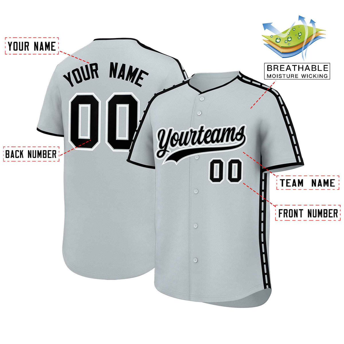Custom Silver Black Color Block Personalized Side Dotted Line Authentic Baseball Jersey| KXKSHOP