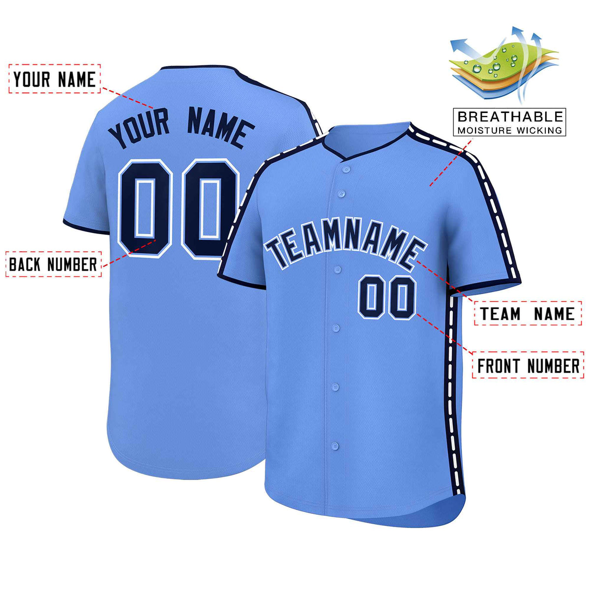 Custom Light Blue Navy Color Block Personalized Side Dotted Line Authentic Baseball Jersey| KXKSHOP
