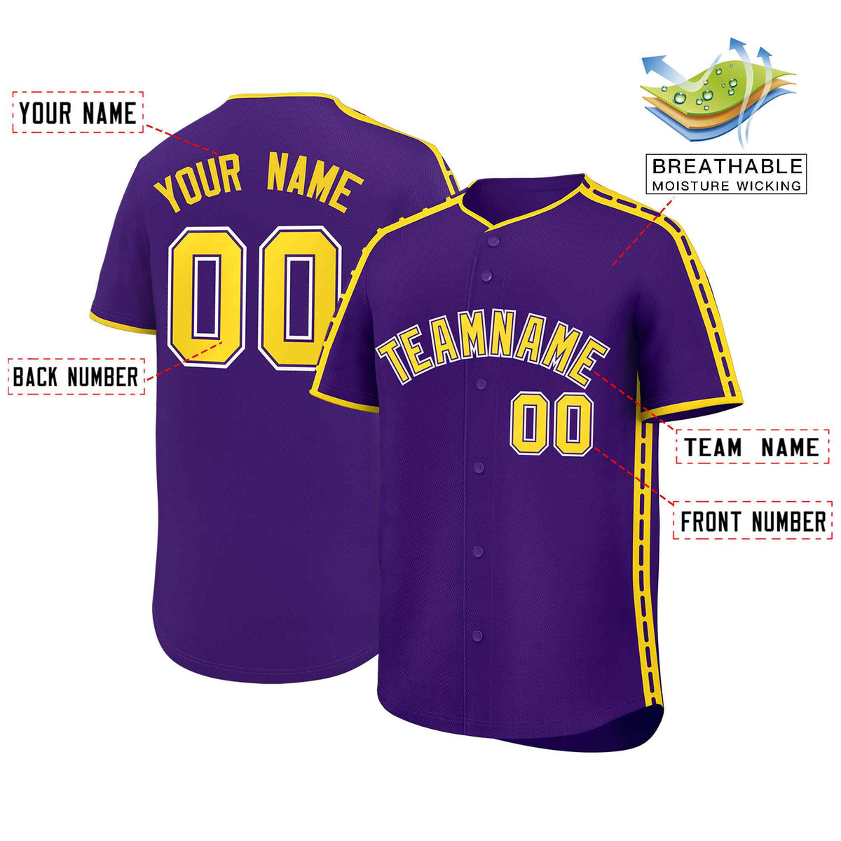 Custom Purple Gold Color Block Personalized Side Dotted Line Authentic Baseball Jersey| KXKSHOP