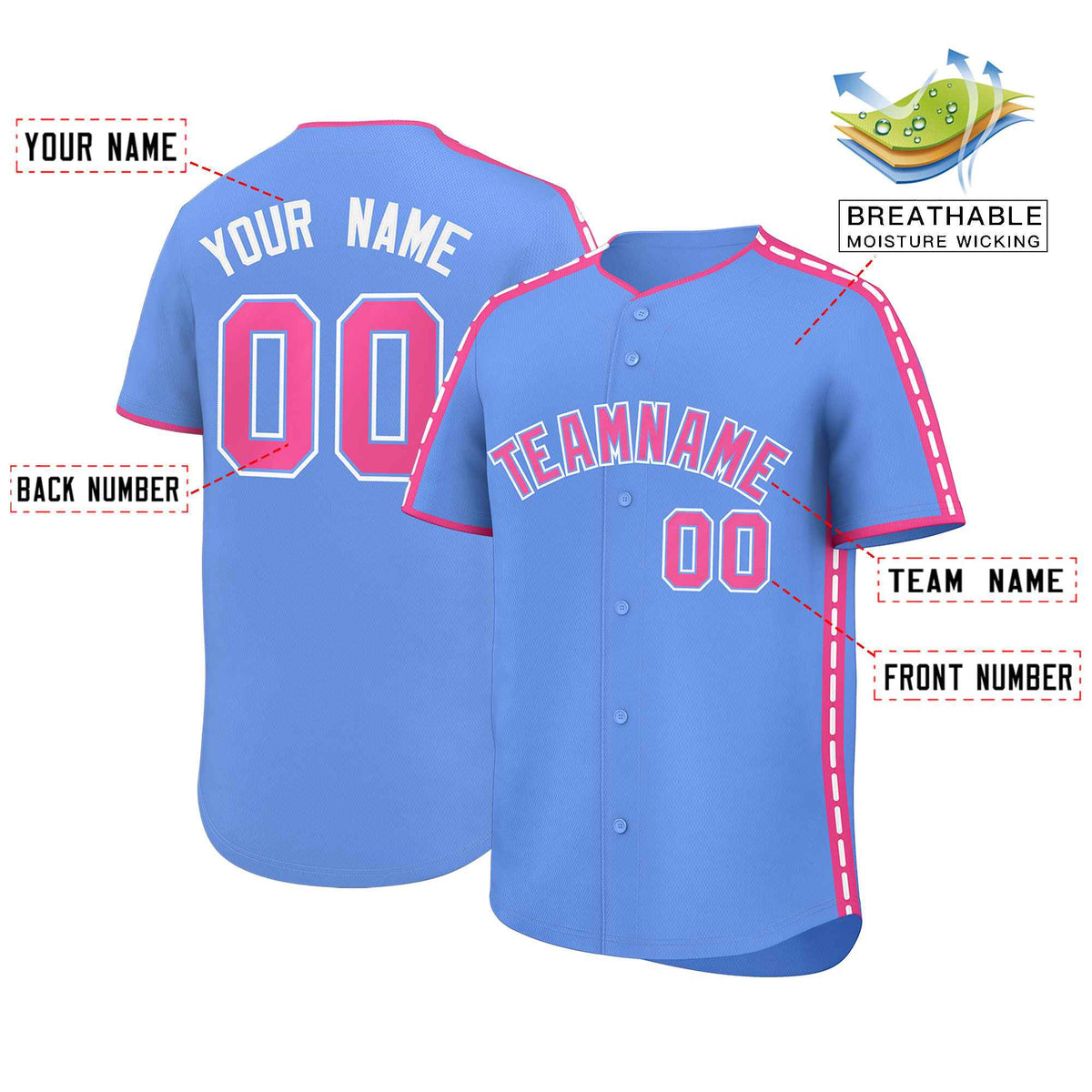 Custom Light Blue Pink Color Block Personalized Side Dotted Line Authentic Baseball Jersey| KXKSHOP