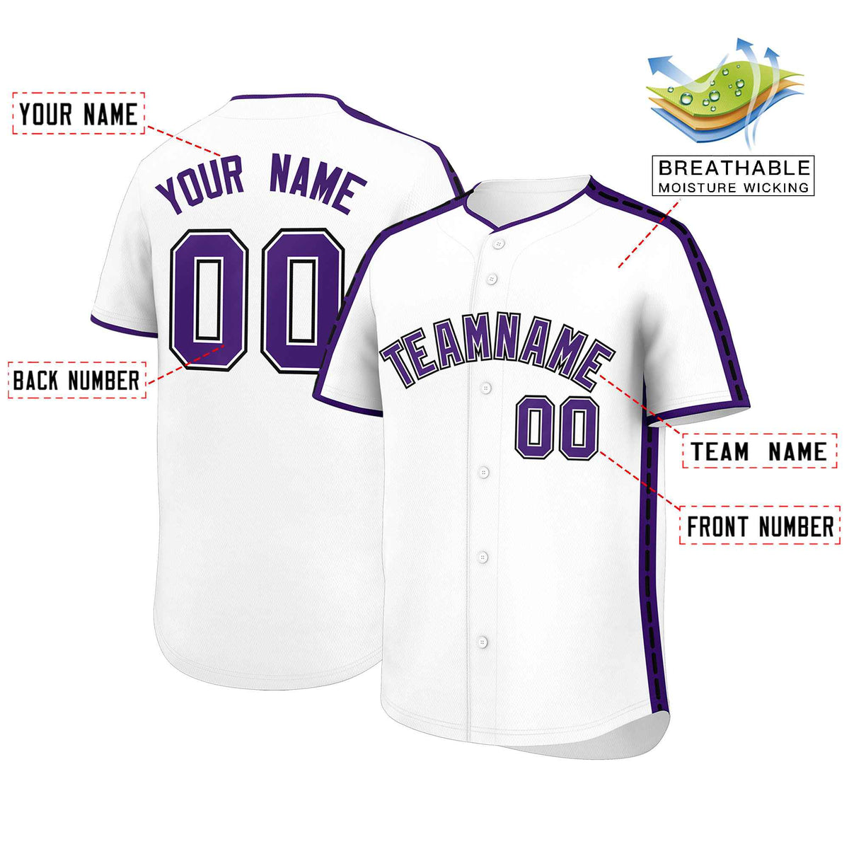 Custom White Purple Color Block Personalized Side Dotted Line Authentic Baseball Jersey| KXKSHOP