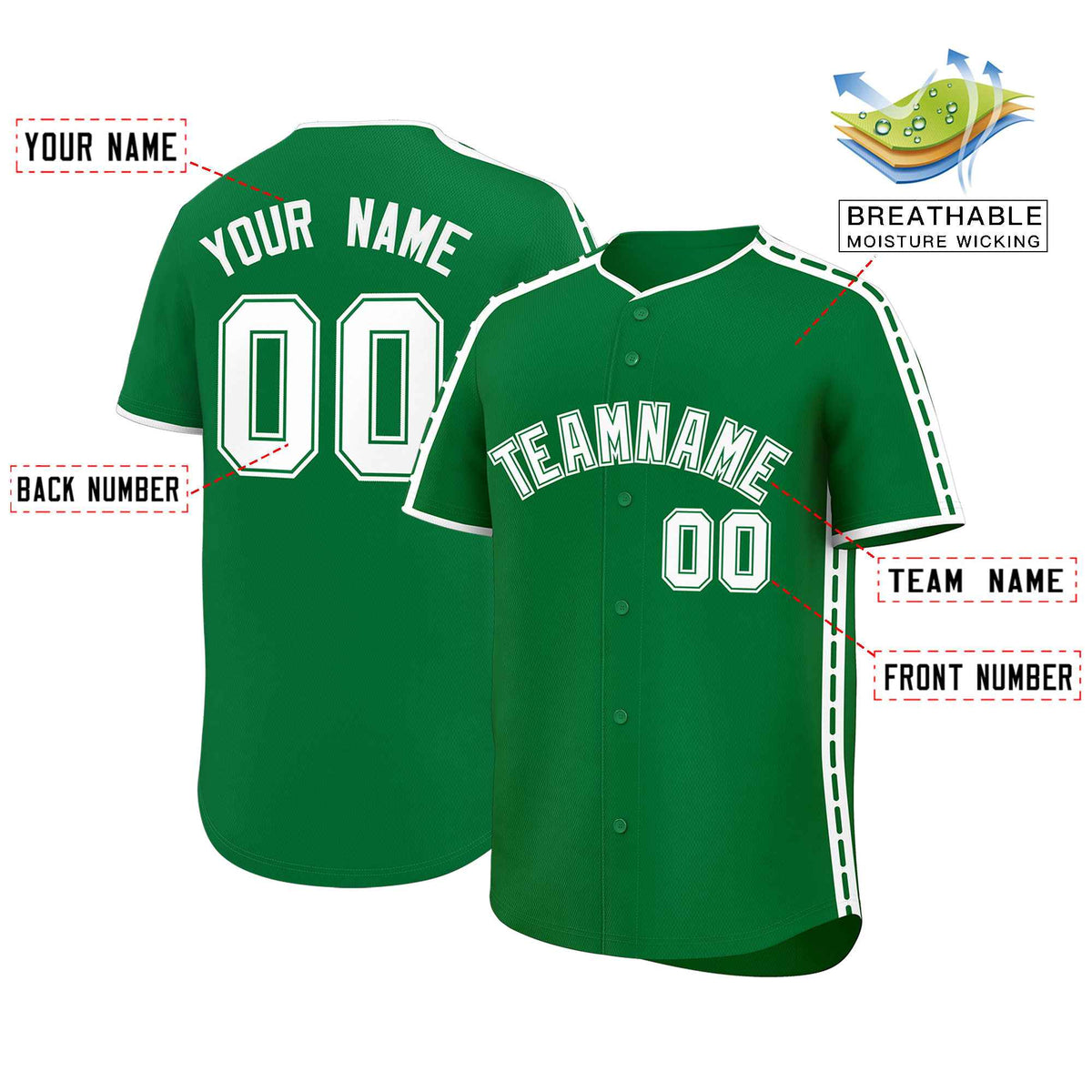 Custom Kelly Green White Color Block Personalized Side Dotted Line Authentic Baseball Jersey| KXKSHOP