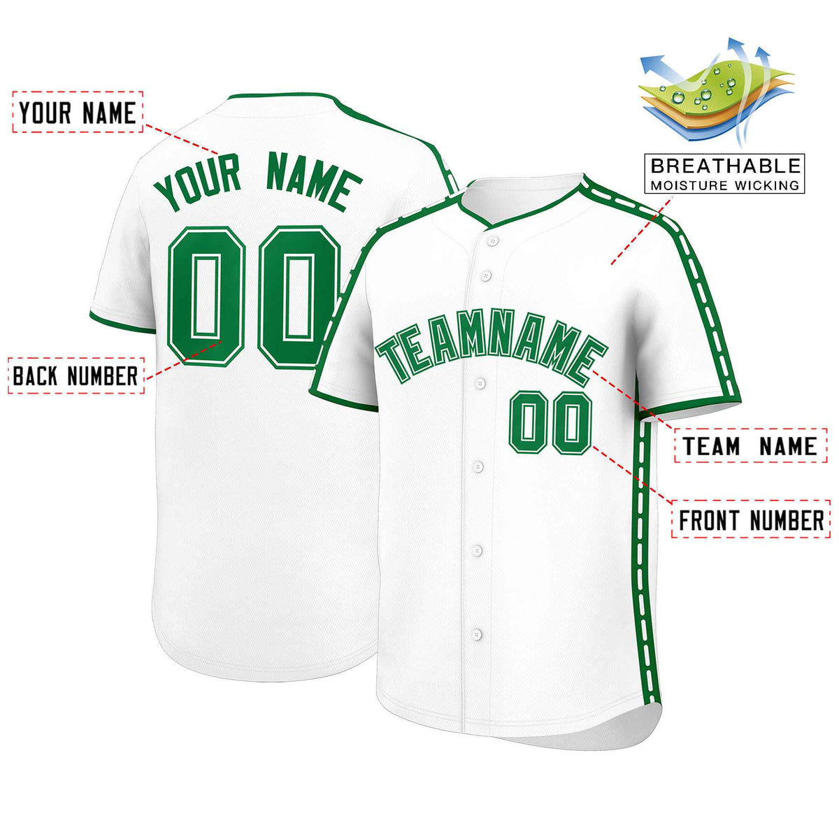 Custom White Kelly Green Color Block Personalized Side Dotted Line Authentic Baseball Jersey| KXKSHOP