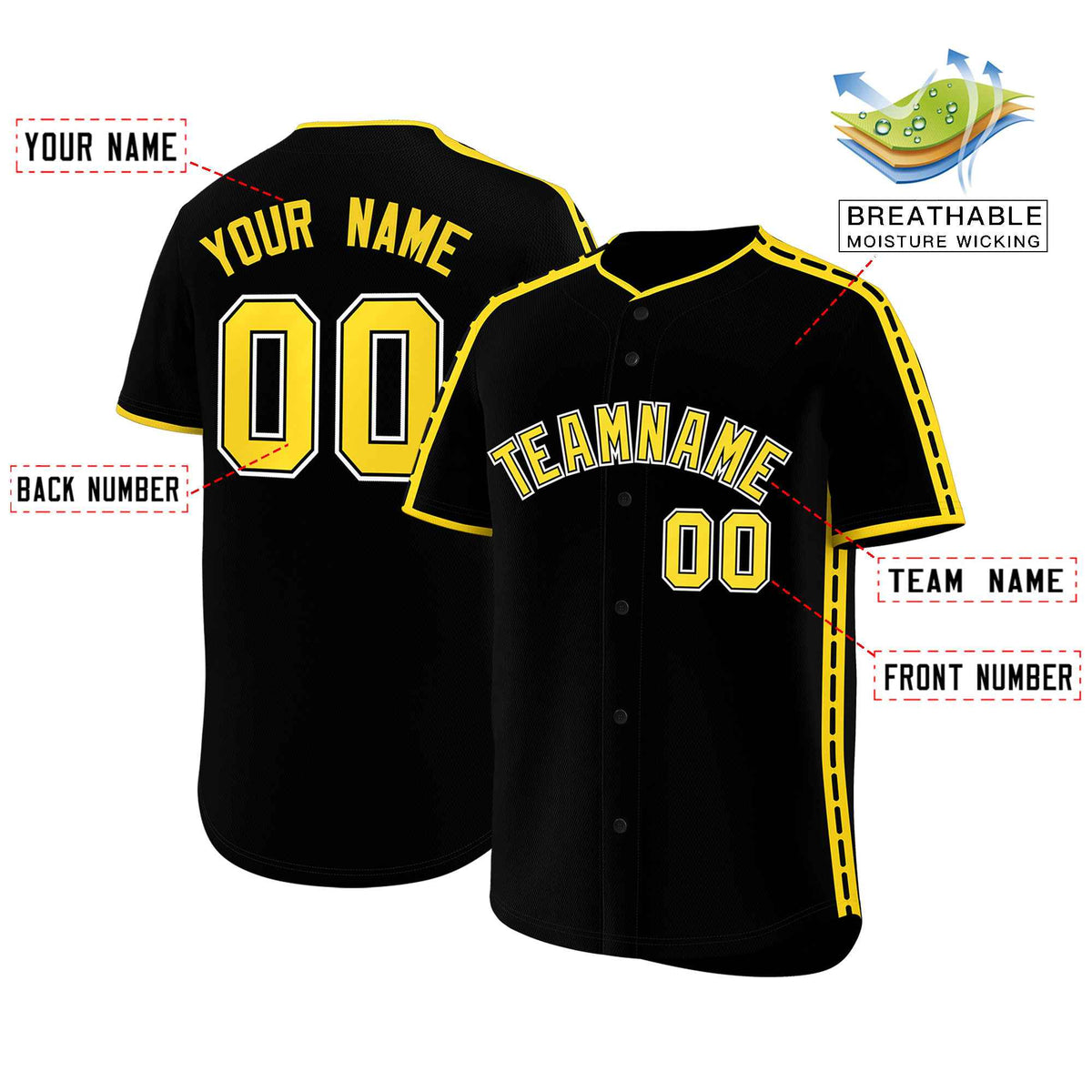 Custom Black Gold Color Block Personalized Side Dotted Line Authentic Baseball Jersey| KXKSHOP
