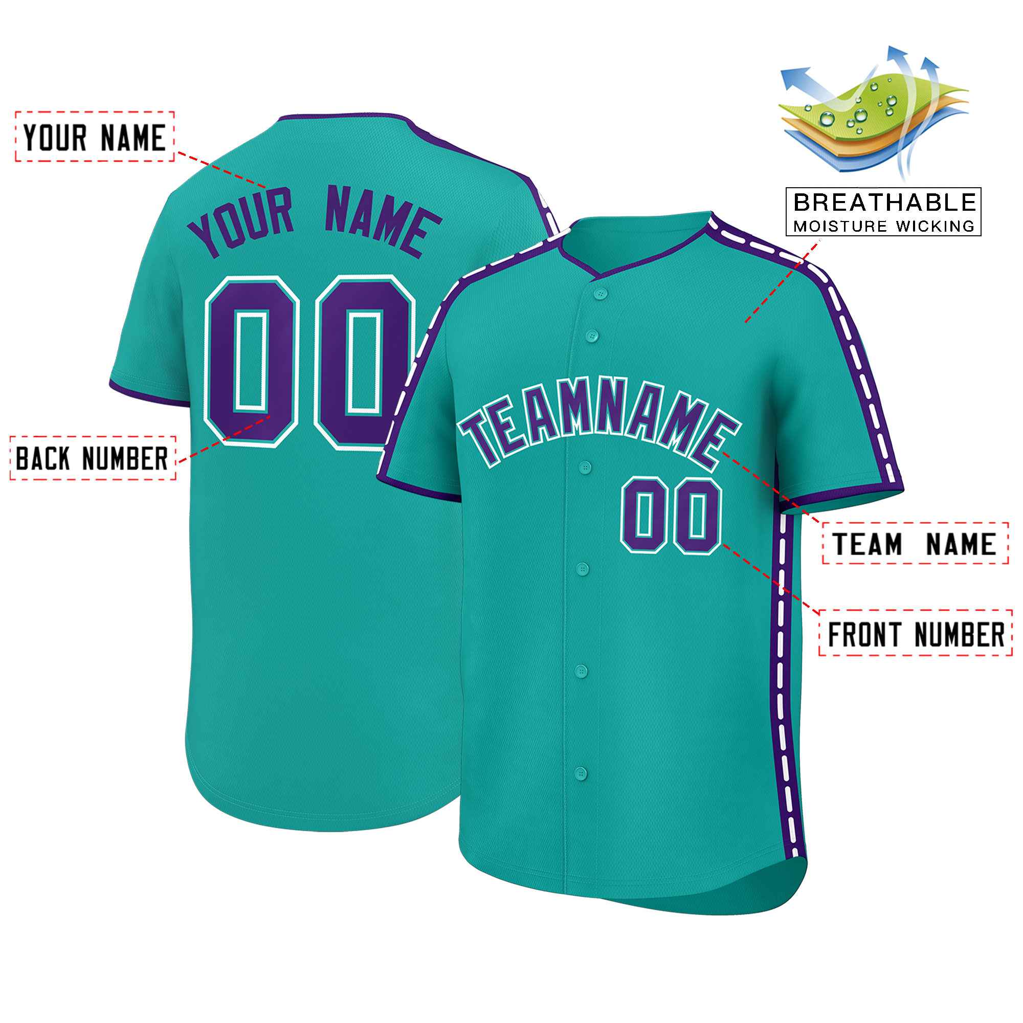 Custom Aqua Purple Color Block Personalized Side Dotted Line Authentic Baseball Jersey| KXKSHOP