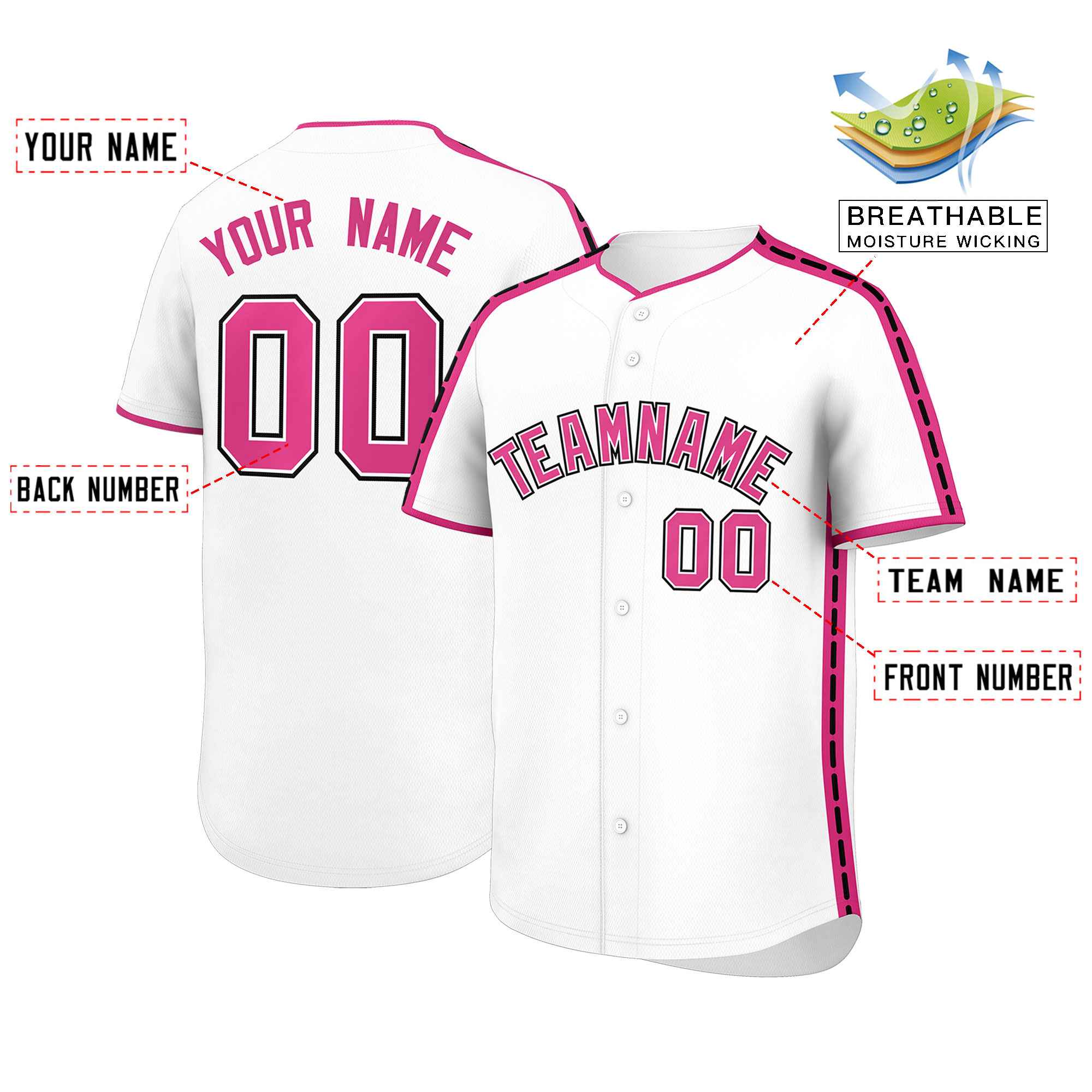 Custom White Pink Color Block Personalized Side Dotted Line Authentic Baseball Jersey| KXKSHOP
