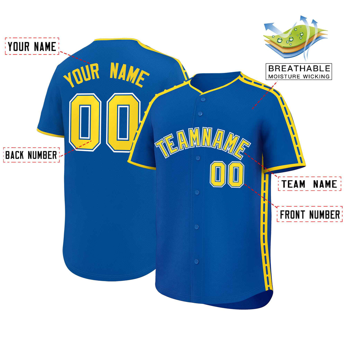 Custom Royal Gold Color Block Personalized Side Dotted Line Authentic Baseball Jersey| KXKSHOP