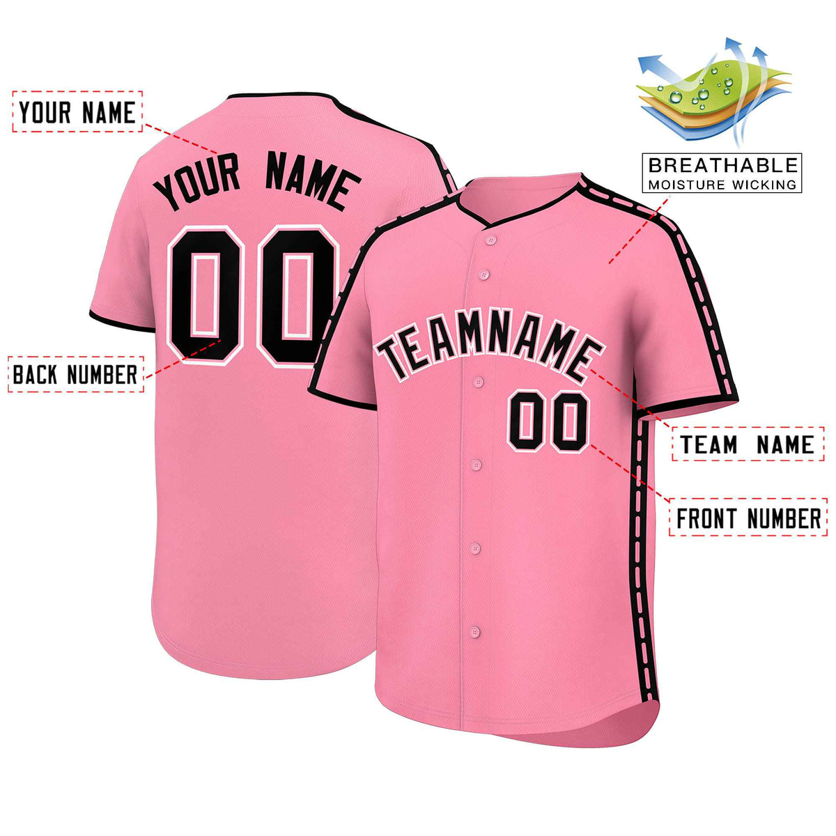 Custom Light Pink Black Color Block Personalized Side Dotted Line Authentic Baseball Jersey| KXKSHOP