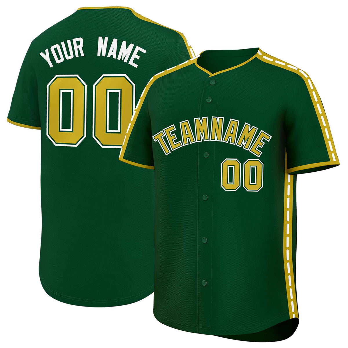 Custom Green Old Gold Color Block Personalized Side Dotted Line Authentic Baseball Jersey| KXKSHOP