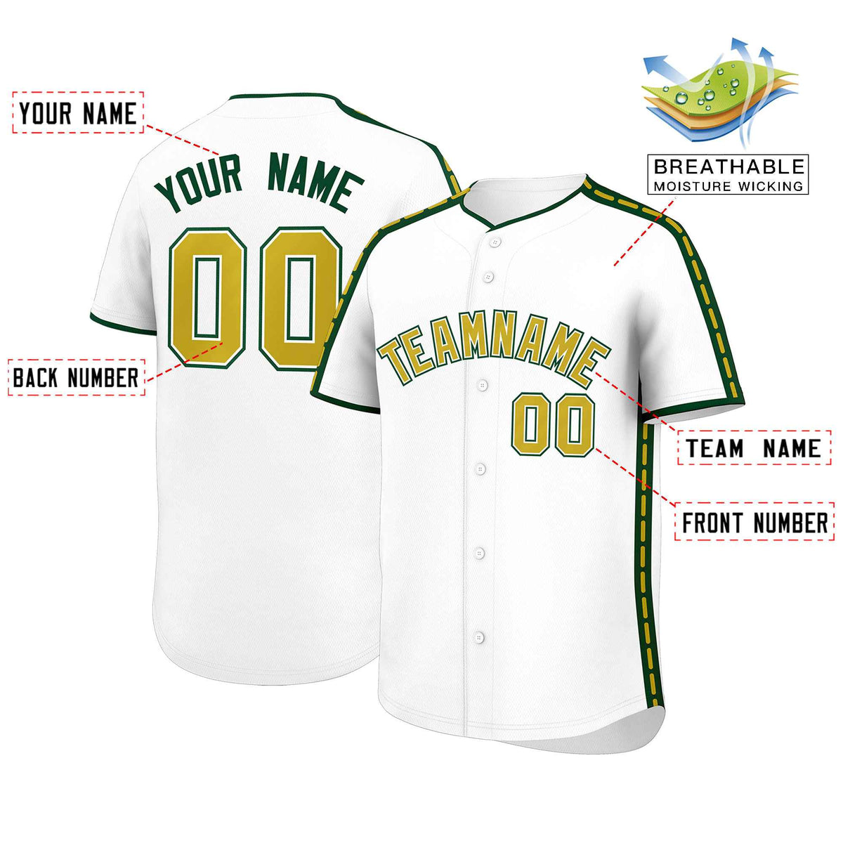 Custom White Green Color Block Personalized Side Dotted Line Authentic Baseball Jersey| KXKSHOP
