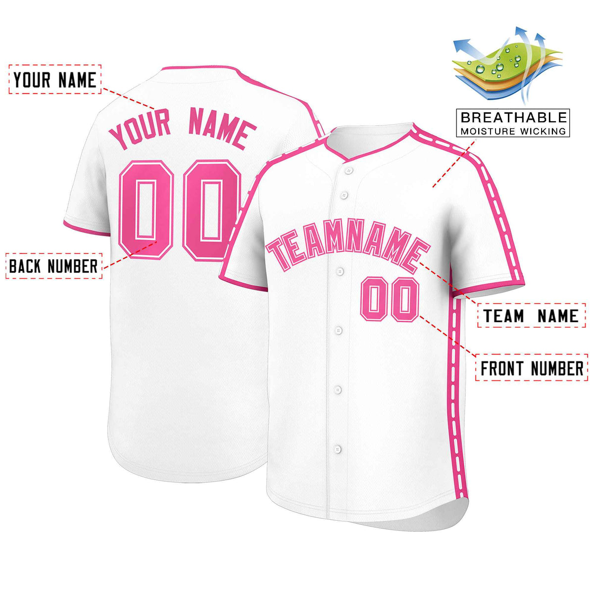 Custom White Pink Color Block Personalized Side Dotted Line Authentic Baseball Jersey| KXKSHOP