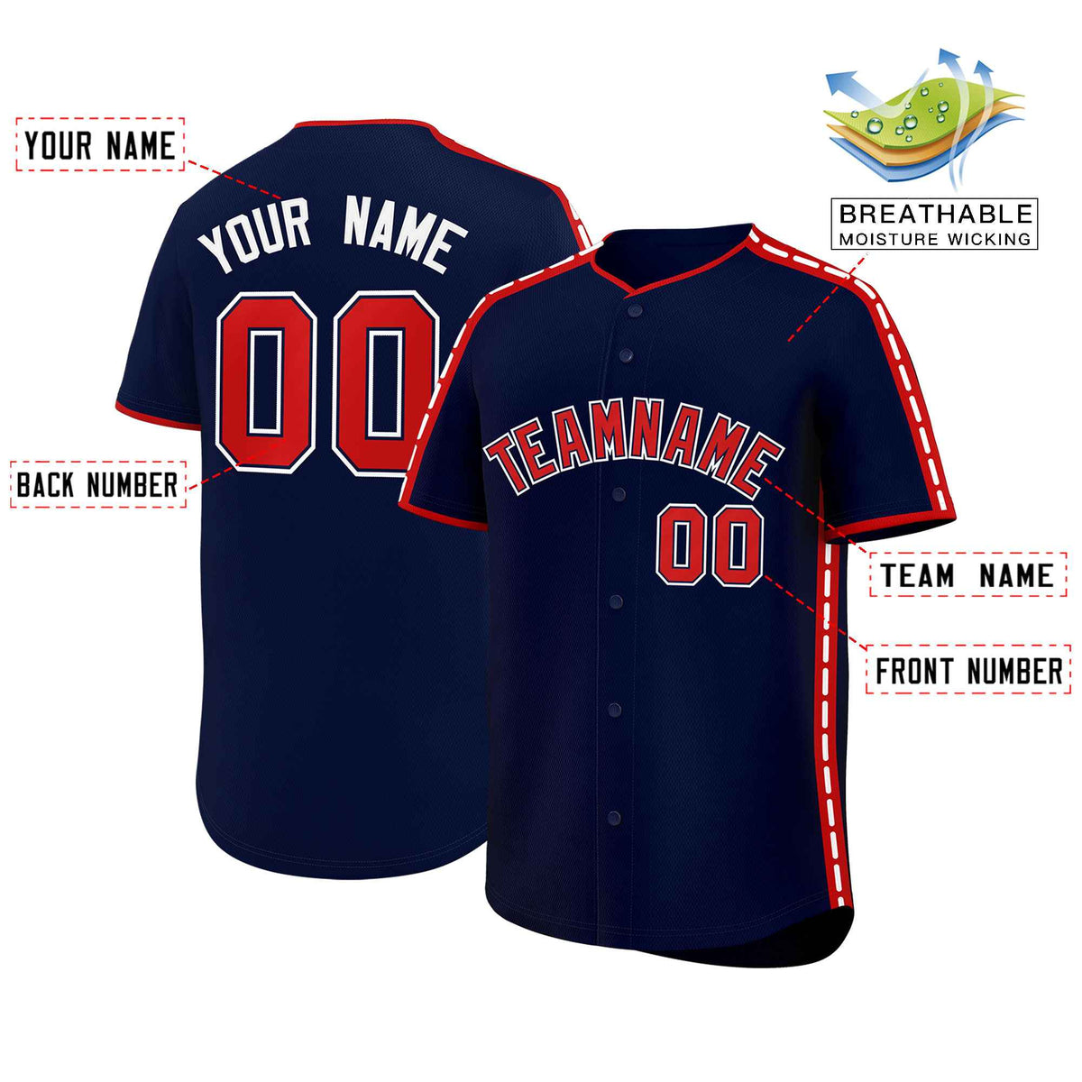 Custom Navy Red Color Block Personalized Side Dotted Line Authentic Baseball Jersey| KXKSHOP