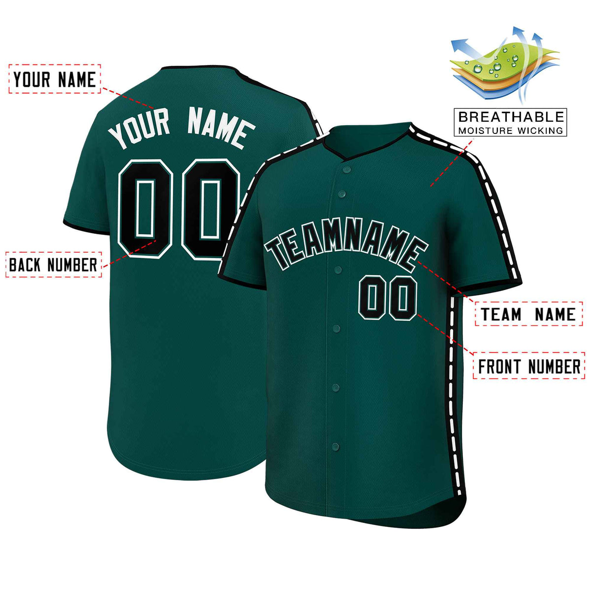 Custom Midnight Green Black Color Block Personalized Side Dotted Line Authentic Baseball Jersey| KXKSHOP