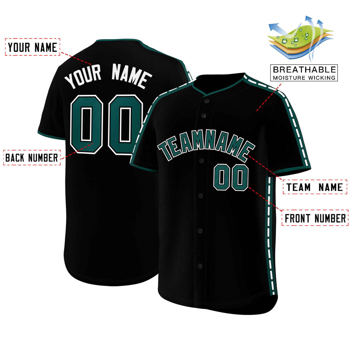 Custom Black Midnight Green Color Block Personalized Side Dotted Line Authentic Baseball Jersey| KXKSHOP
