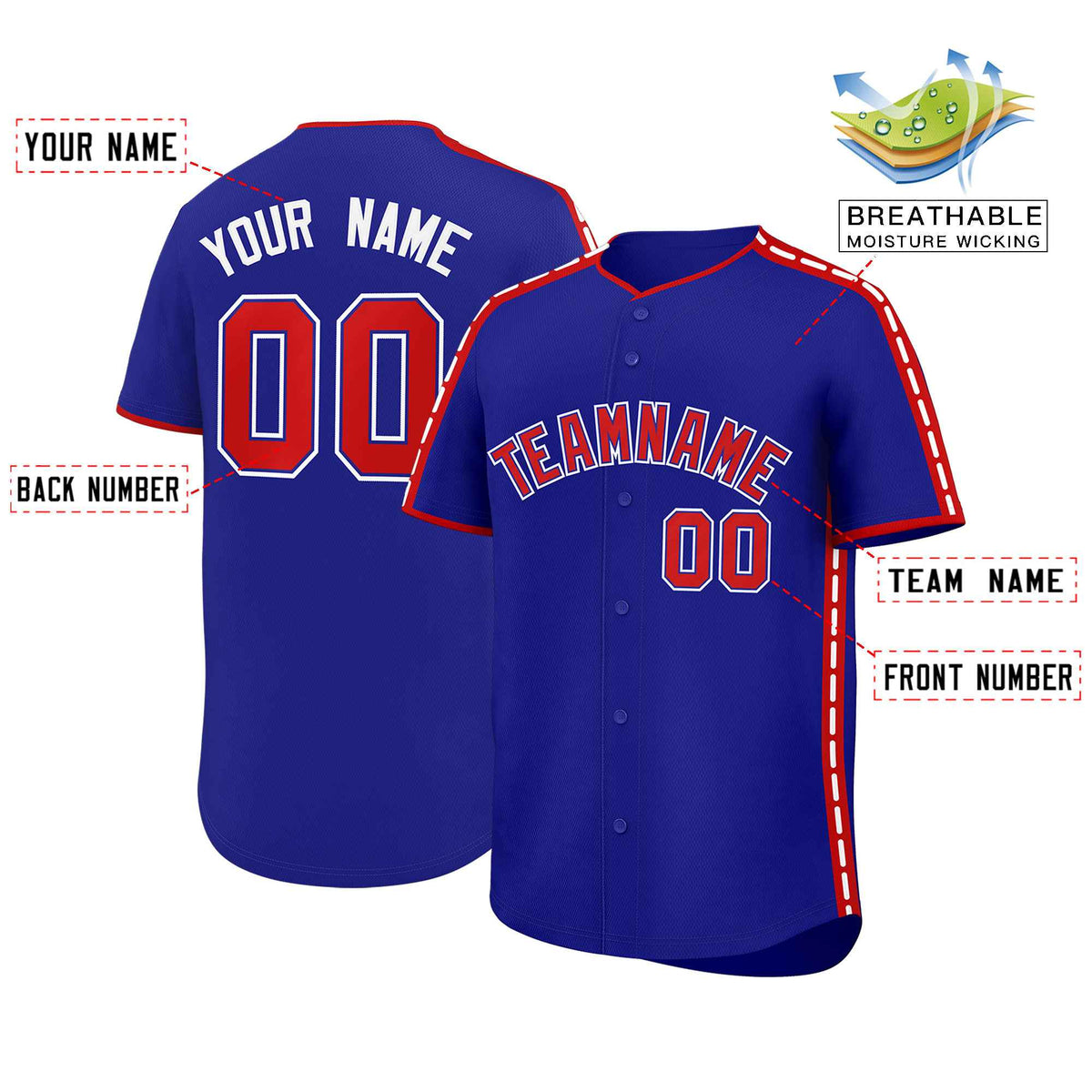 Custom Royal Red Color Block Personalized Side Dotted Line Authentic Baseball Jersey| KXKSHOP