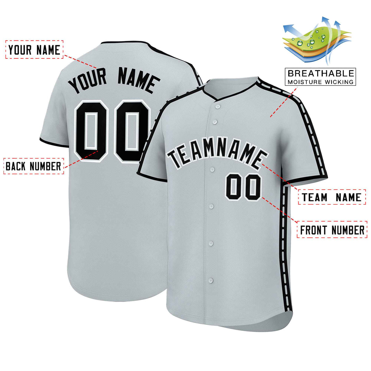 Custom Silver Black Color Block Personalized Side Dotted Line Authentic Baseball Jersey| KXKSHOP