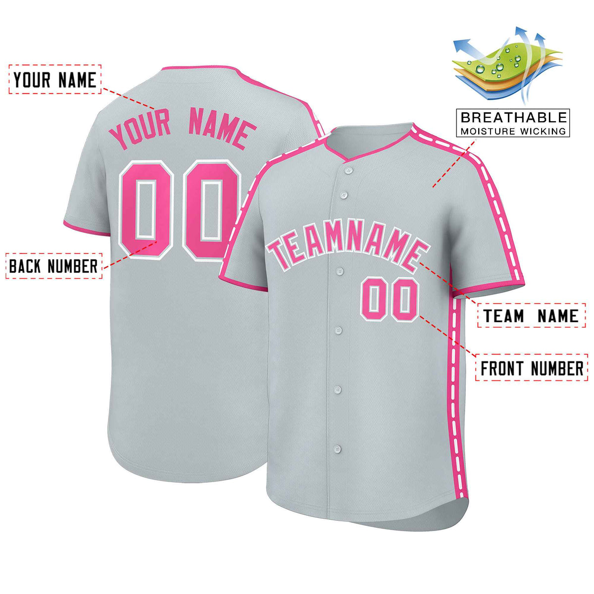 Custom Silver Pink Color Block Personalized Side Dotted Line Authentic Baseball Jersey| KXKSHOP