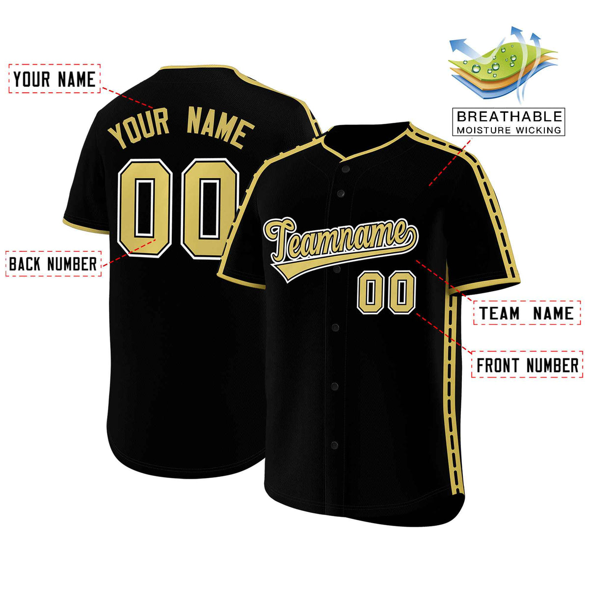 Custom Black Old Gold Color Block Personalized Side Dotted Line Authentic Baseball Jersey| KXKSHOP