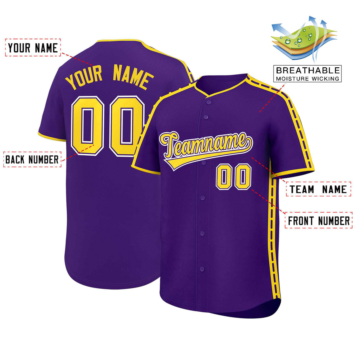Custom Purple Gold Color Block Personalized Side Dotted Line Authentic Baseball Jersey| KXKSHOP