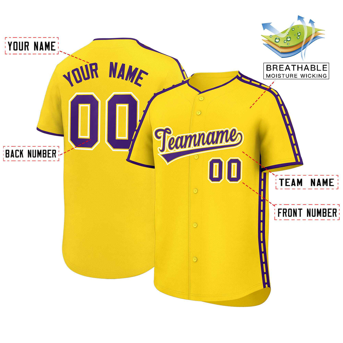 Custom Gold Purple Color Block Personalized Side Dotted Line Authentic Baseball Jersey| KXKSHOP