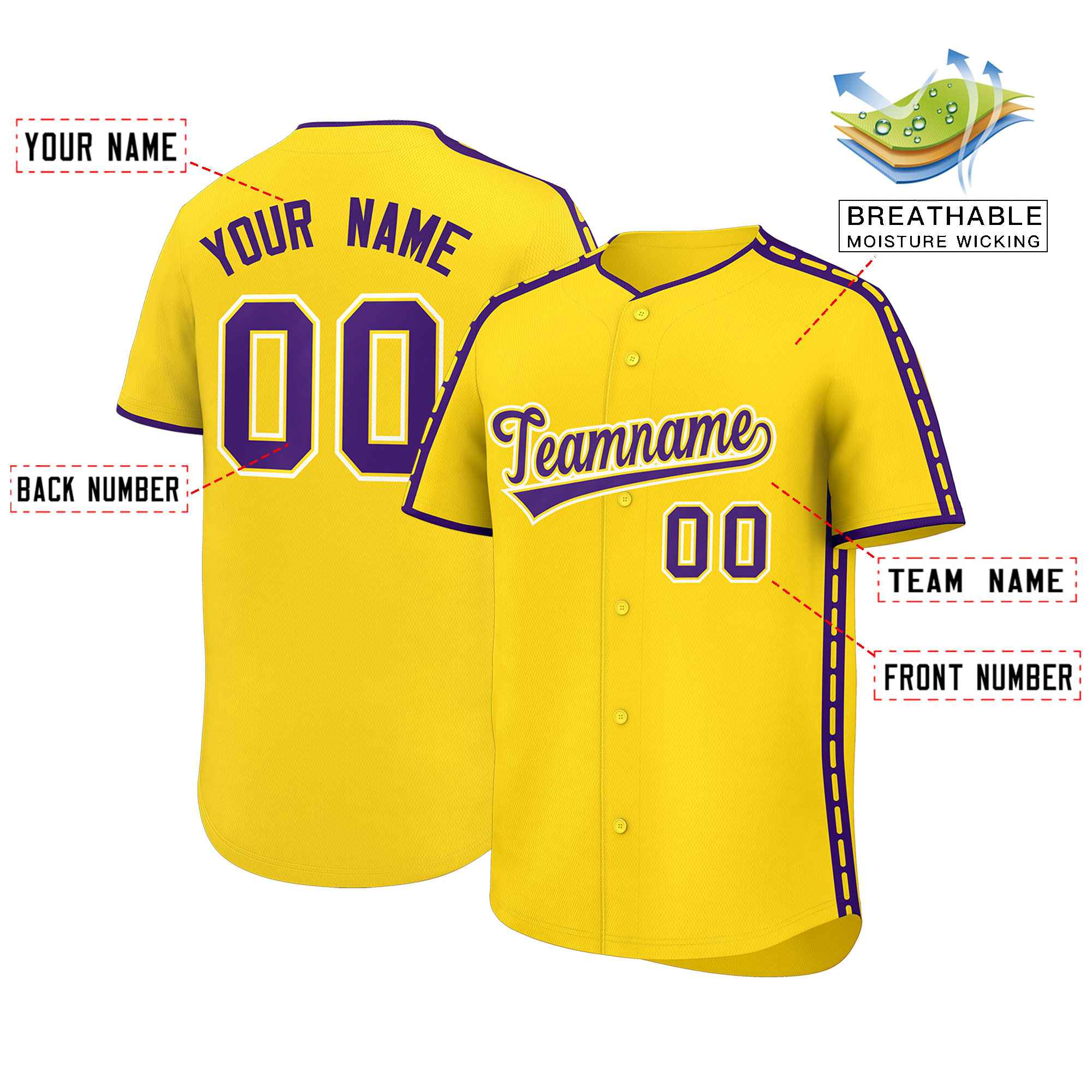 Custom Gold Purple Color Block Personalized Side Dotted Line Authentic Baseball Jersey| KXKSHOP