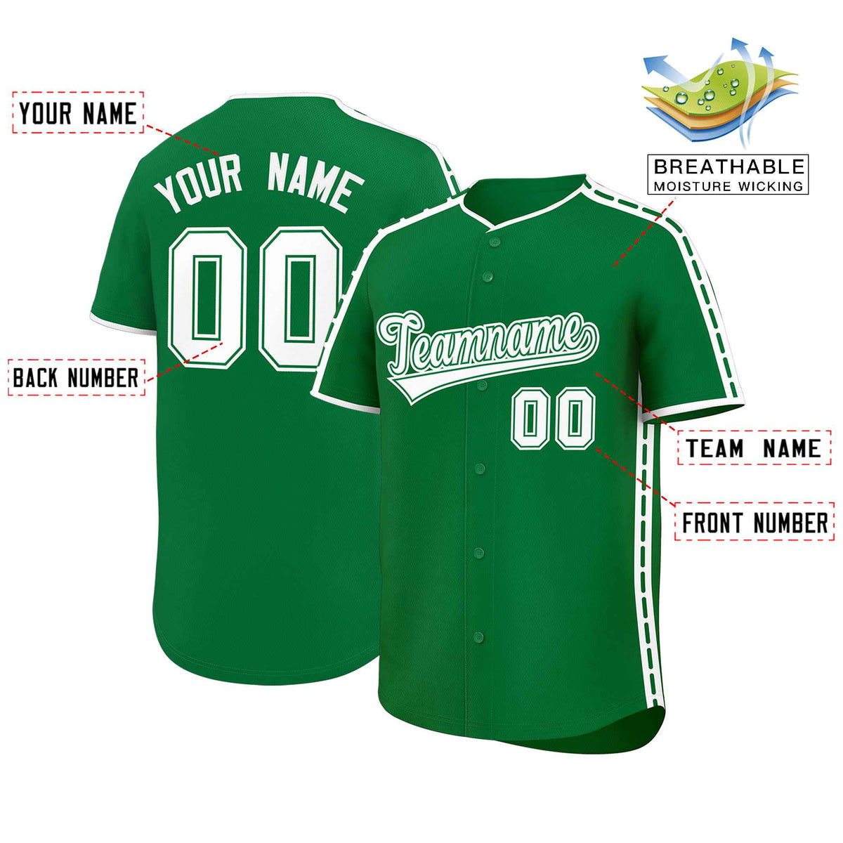 Custom Kelly Green White Color Block Personalized Side Dotted Line Authentic Baseball Jersey| KXKSHOP