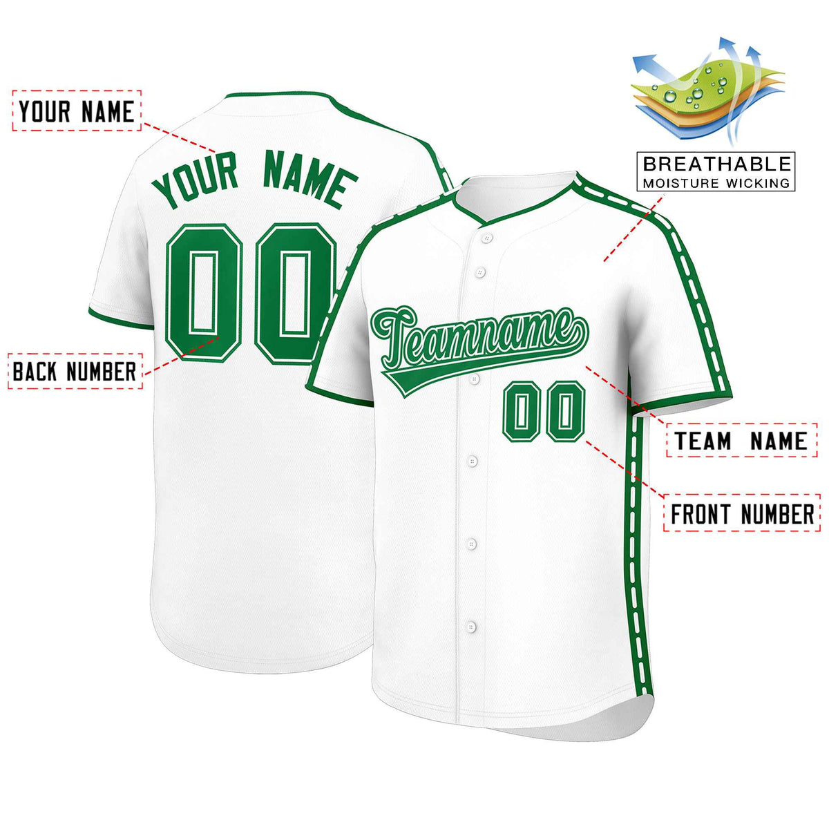 Custom White Kelly Green Color Block Personalized Side Dotted Line Authentic Baseball Jersey| KXKSHOP