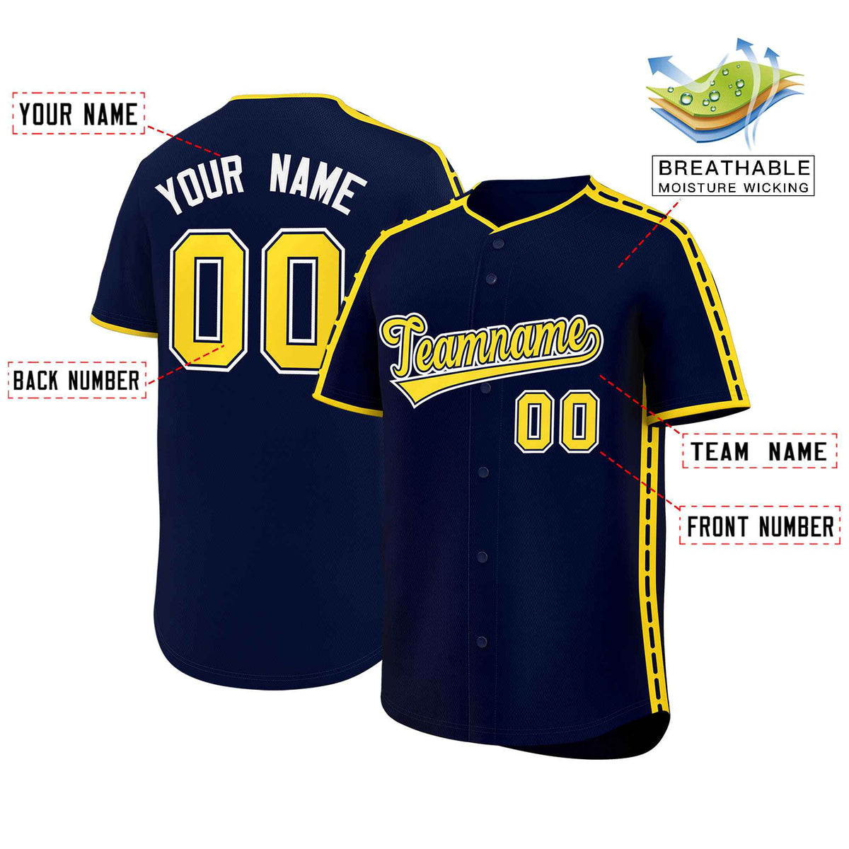 Custom Navy Gold Color Block Personalized Side Dotted Line Authentic Baseball Jersey| KXKSHOP