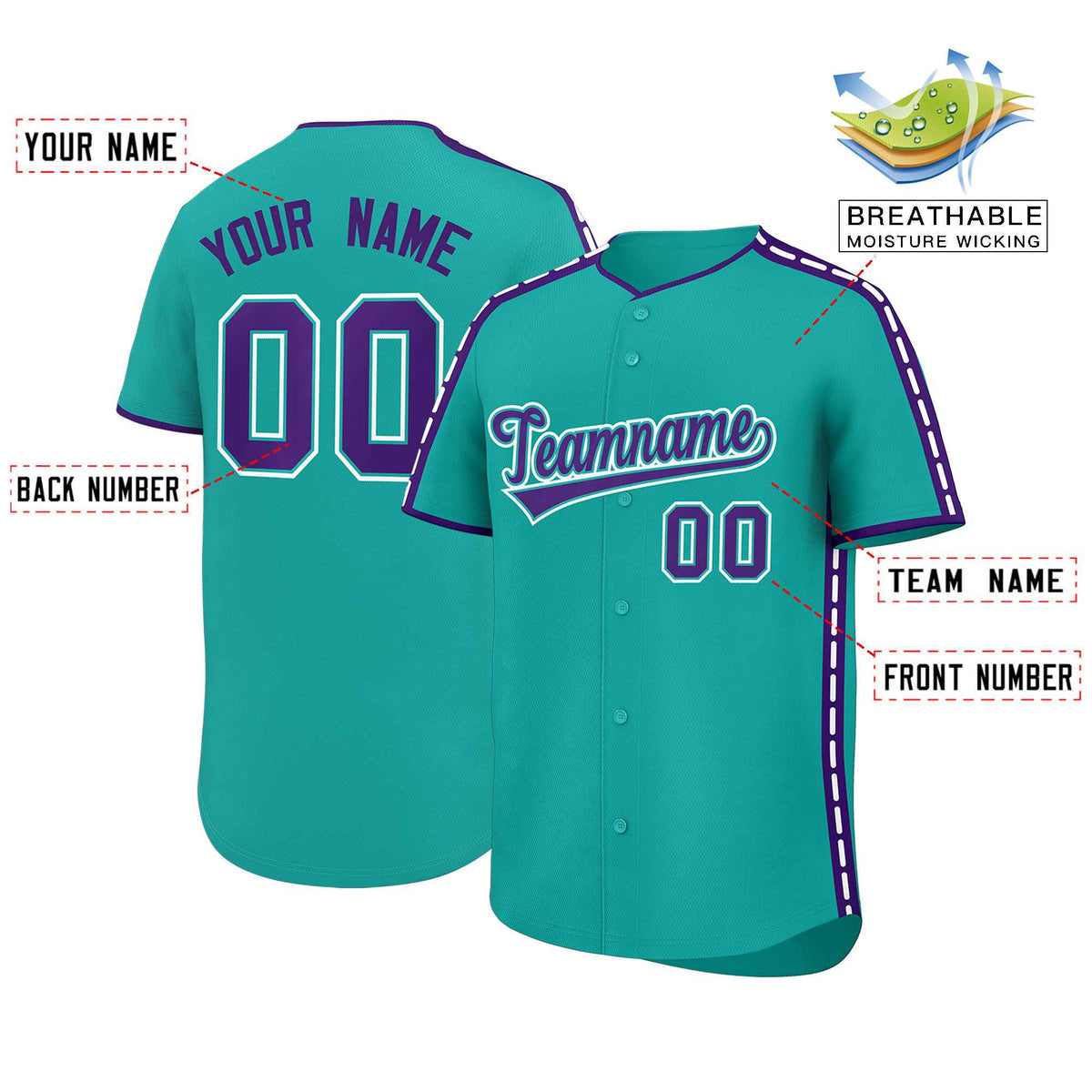 Custom Aqua Purple Color Block Personalized Side Dotted Line Authentic Baseball Jersey| KXKSHOP