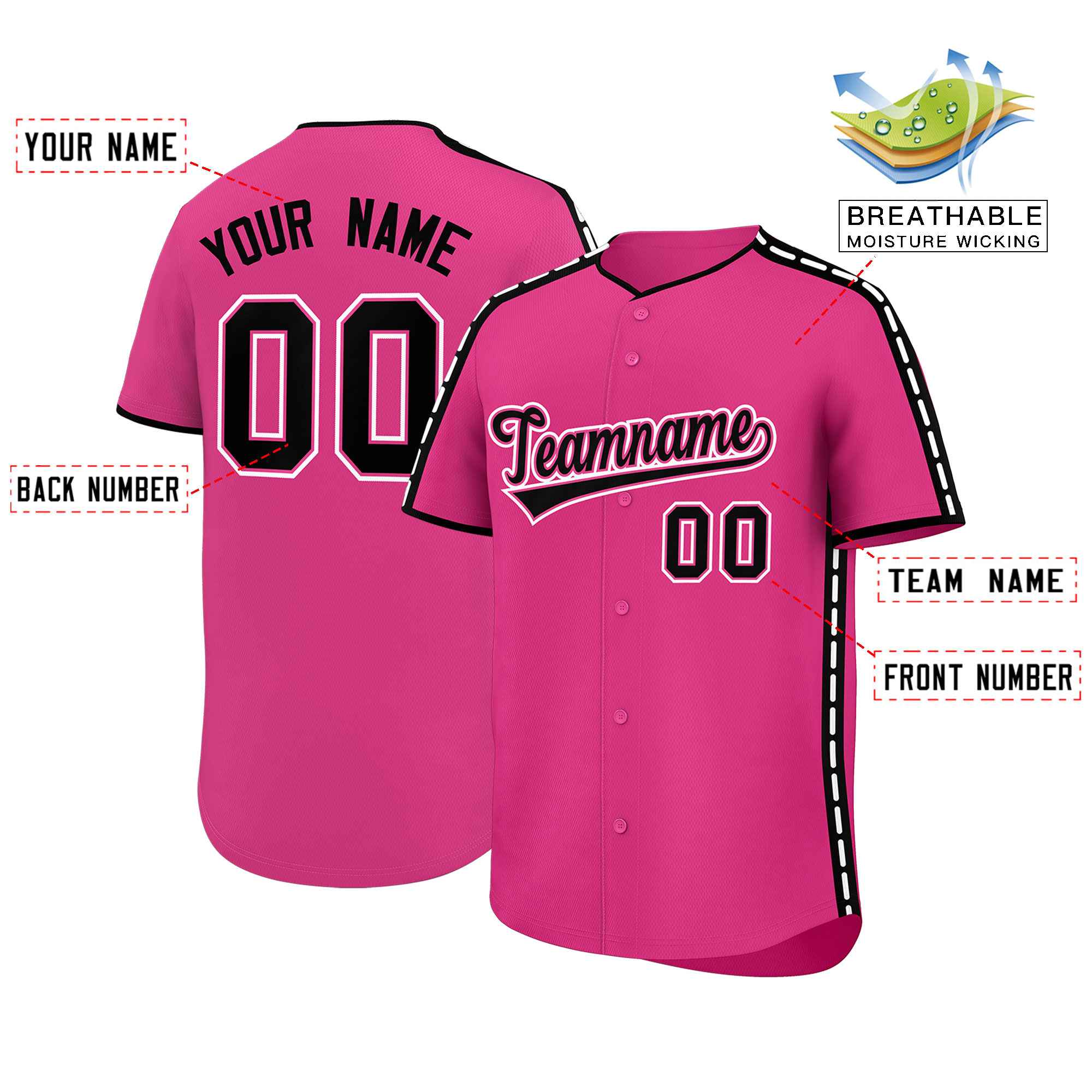 Custom Pink Black Color Block Personalized Side Dotted Line Authentic Baseball Jersey| KXKSHOP