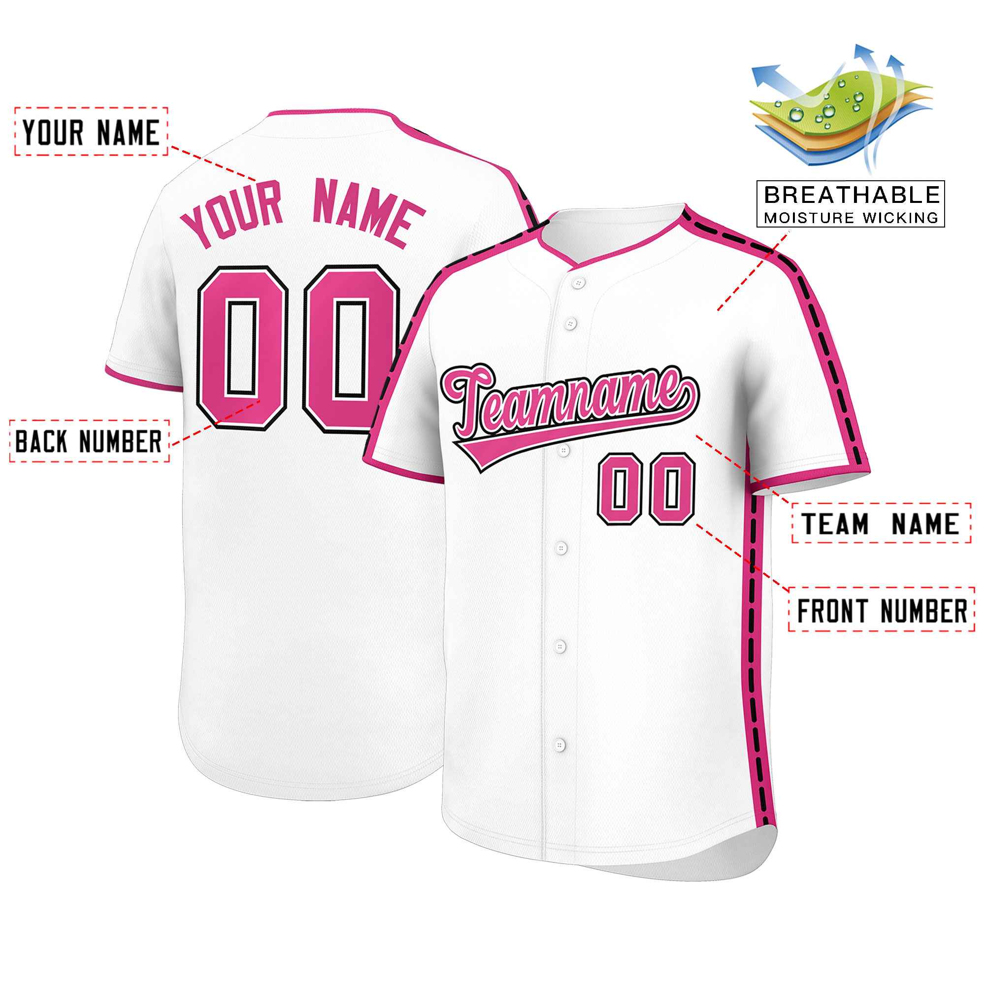 Custom White Pink Color Block Personalized Side Dotted Line Authentic Baseball Jersey| KXKSHOP