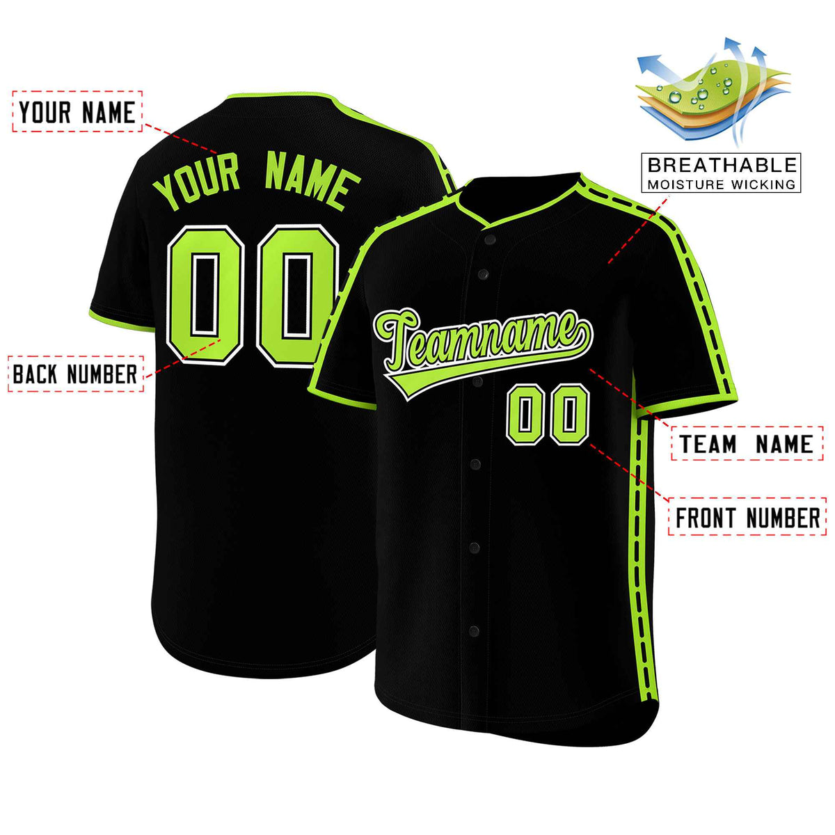 Custom Black Light Green Color Block Personalized Side Dotted Line Authentic Baseball Jersey| KXKSHOP