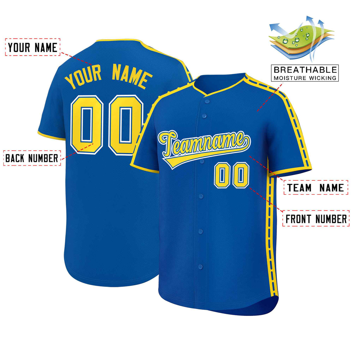 Custom Royal Gold Color Block Personalized Side Dotted Line Authentic Baseball Jersey| KXKSHOP