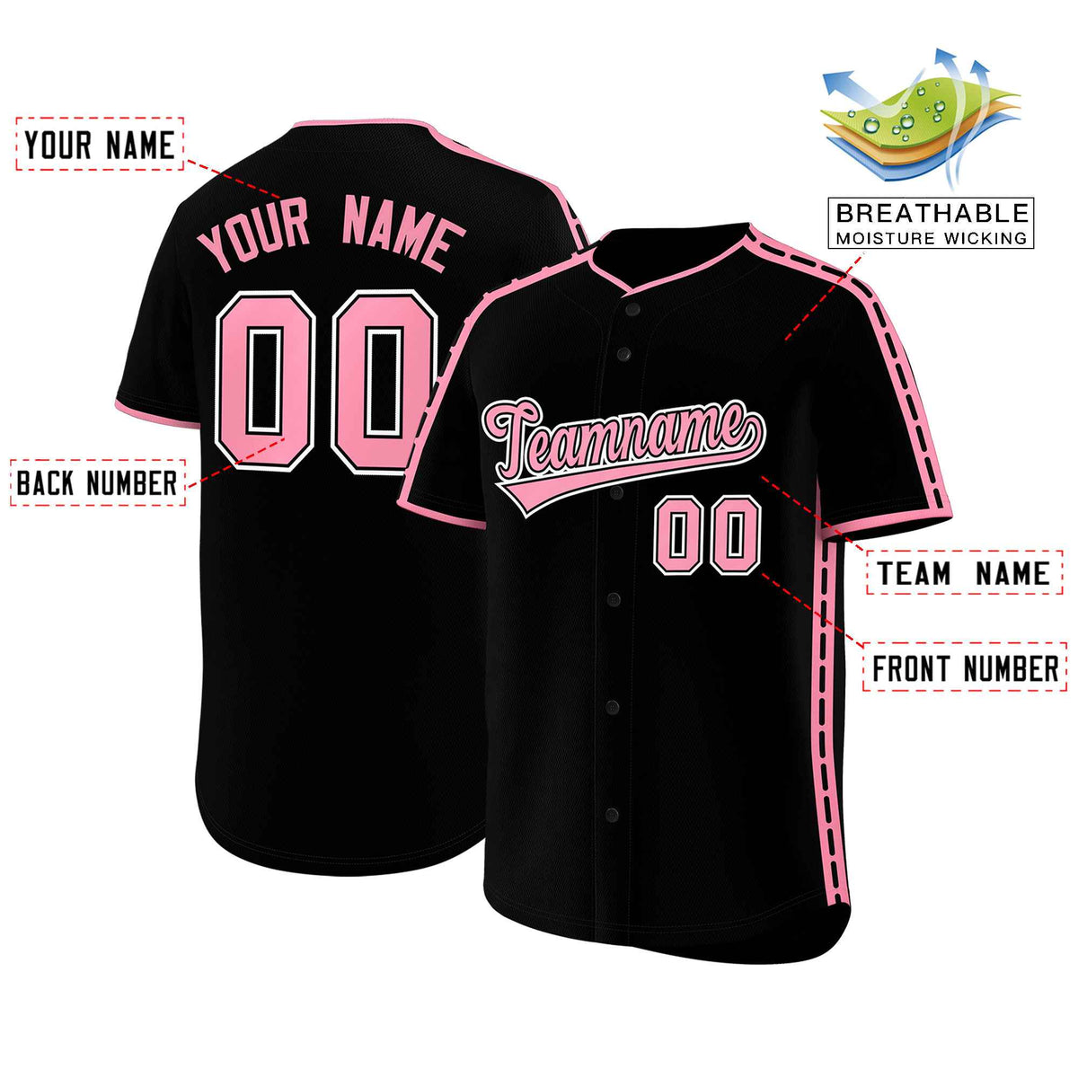 Custom Black Light Pink Color Block Personalized Side Dotted Line Authentic Baseball Jersey| KXKSHOP
