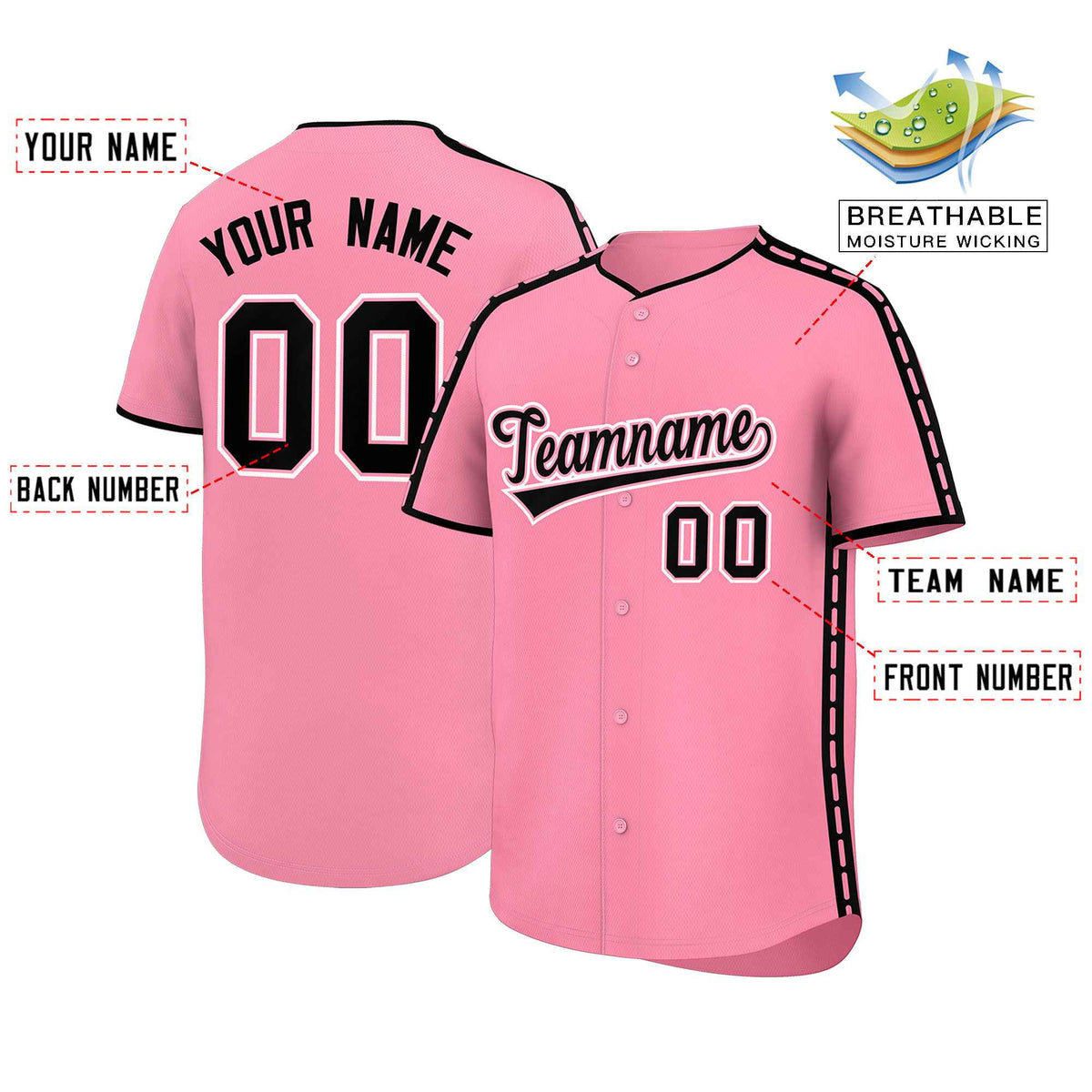 Custom Light Pink Black Color Block Personalized Side Dotted Line Authentic Baseball Jersey| KXKSHOP