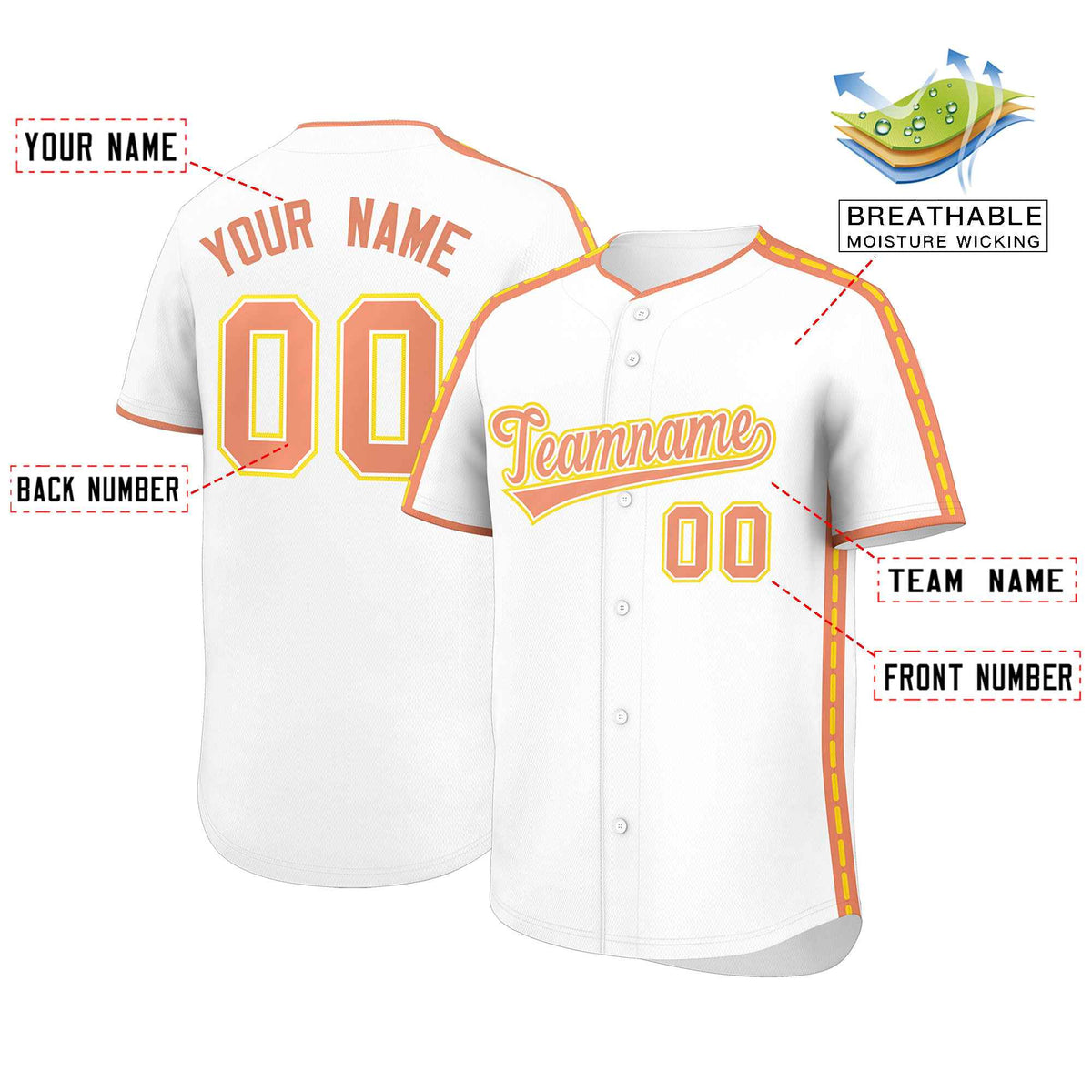 Custom White Light Orange Color Block Personalized Side Dotted Line Authentic Baseball Jersey| KXKSHOP