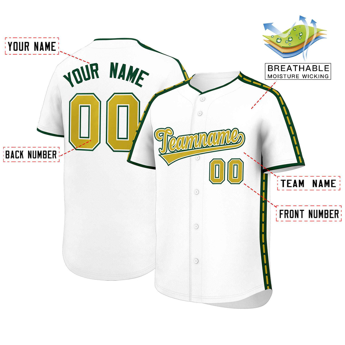Custom White Green Color Block Personalized Side Dotted Line Authentic Baseball Jersey| KXKSHOP