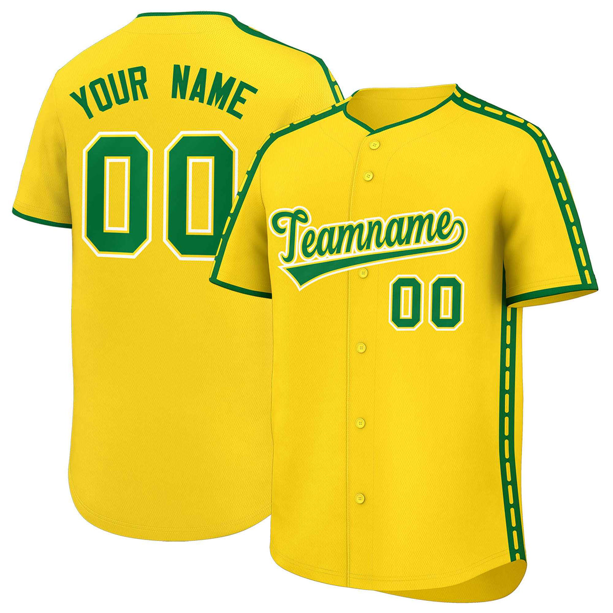 Custom Gold Kelly Green Color Block Personalized Side Dotted Line Authentic Baseball Jersey| KXKSHOP