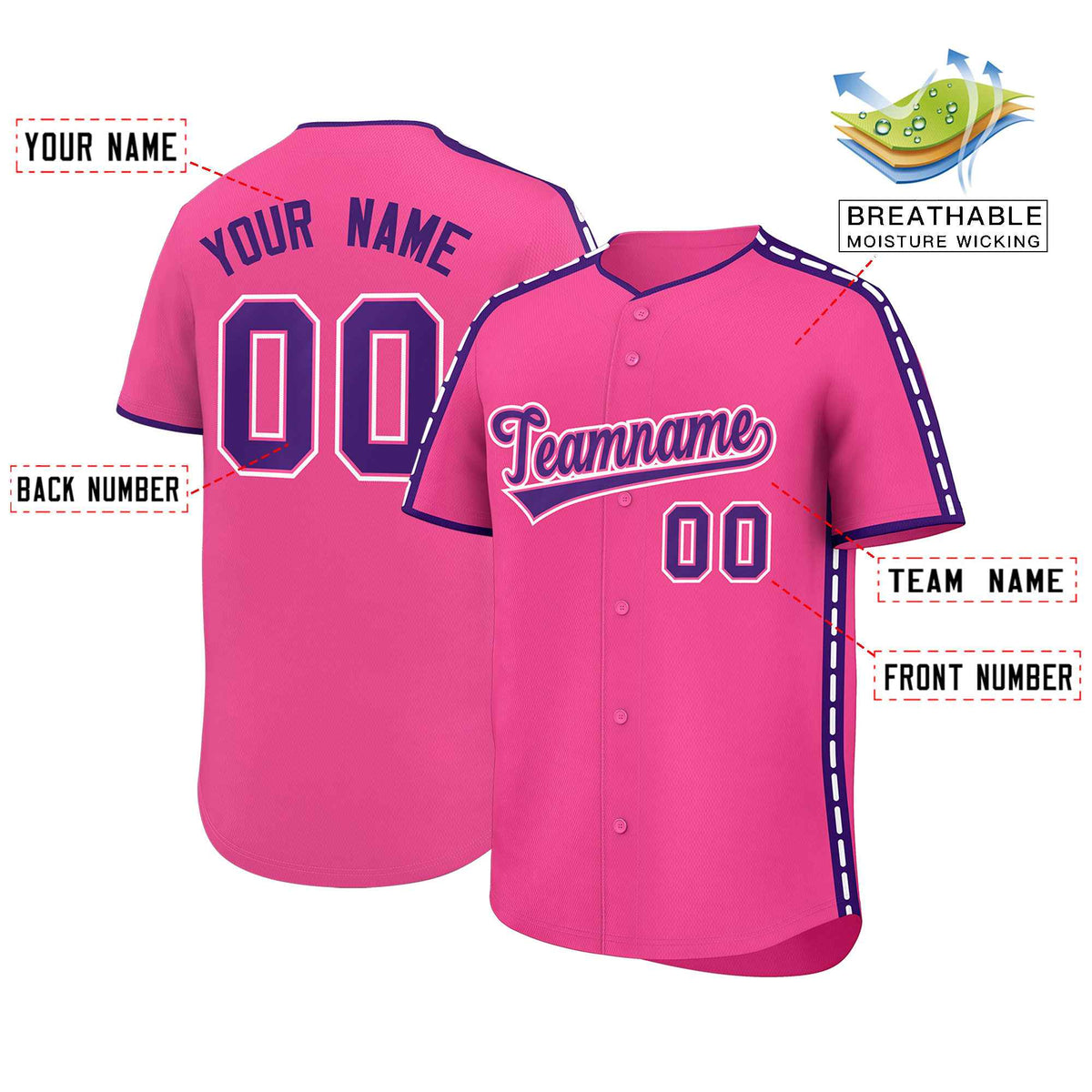 Custom Pink Purple Color Block Personalized Side Dotted Line Authentic Baseball Jersey| KXKSHOP