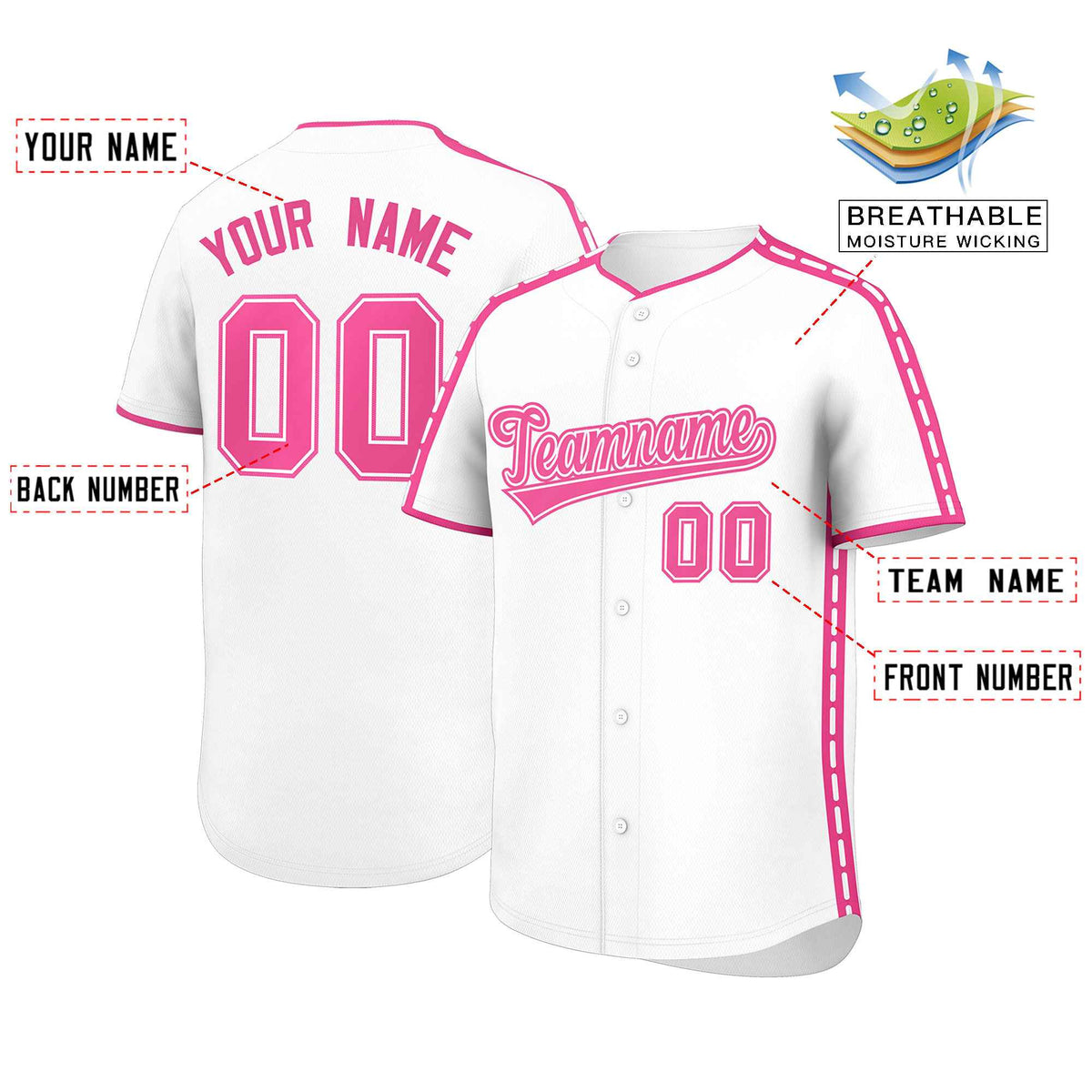 Custom White Pink Color Block Personalized Side Dotted Line Authentic Baseball Jersey| KXKSHOP