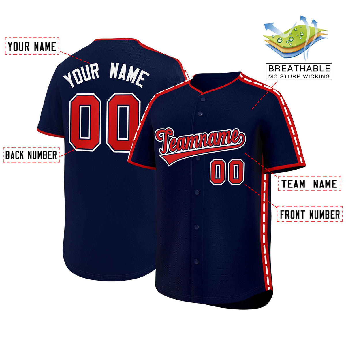 Custom Navy Red Color Block Personalized Side Dotted Line Authentic Baseball Jersey| KXKSHOP