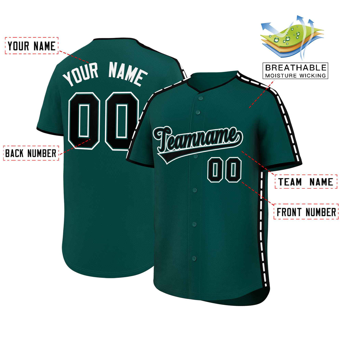 Custom Midnight Green Black Color Block Personalized Side Dotted Line Authentic Baseball Jersey| KXKSHOP