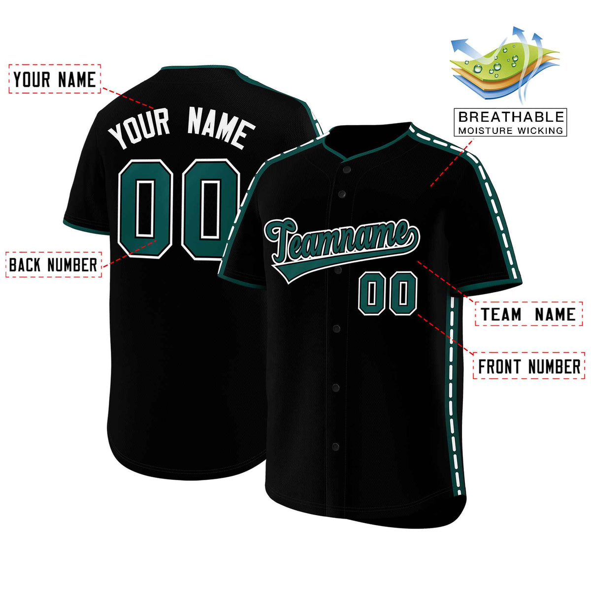 Custom Black Midnight Green Color Block Personalized Side Dotted Line Authentic Baseball Jersey| KXKSHOP