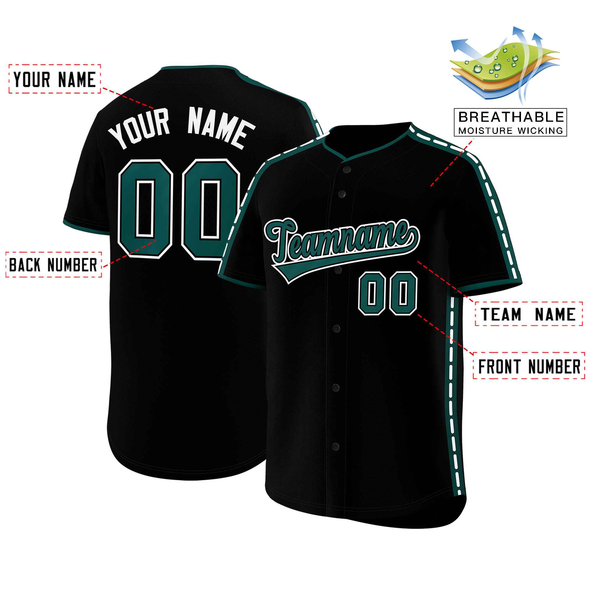 Custom Black Midnight Green Color Block Personalized Side Dotted Line Authentic Baseball Jersey| KXKSHOP
