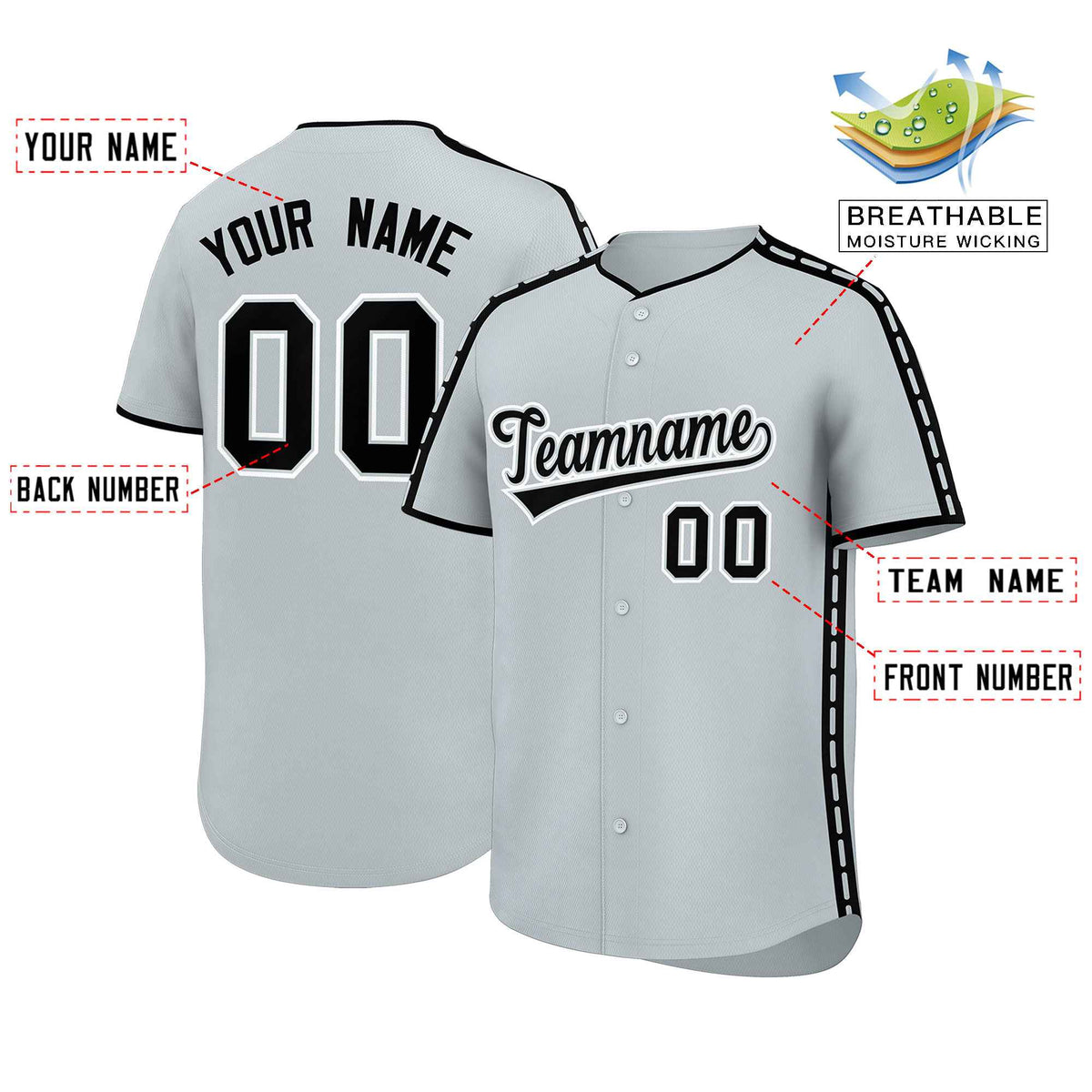 Custom Silver Black Color Block Personalized Side Dotted Line Authentic Baseball Jersey| KXKSHOP
